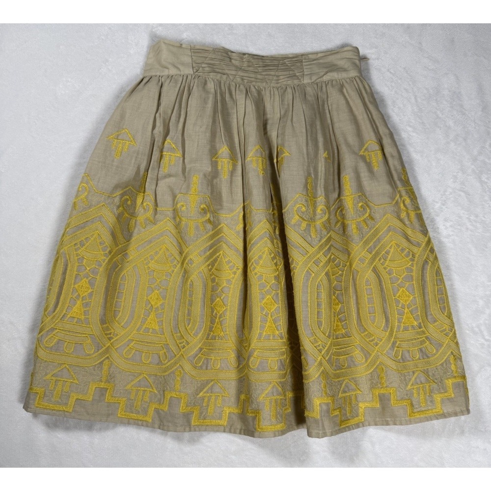 Womens Skirt Small Beige Yellow Embroidered Boho Cotton A Line Pleated